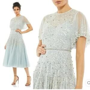 NWT Mac Duggal Cape Sleeve Beaded Tea Length A-Line Dress Size 16 93655 $598